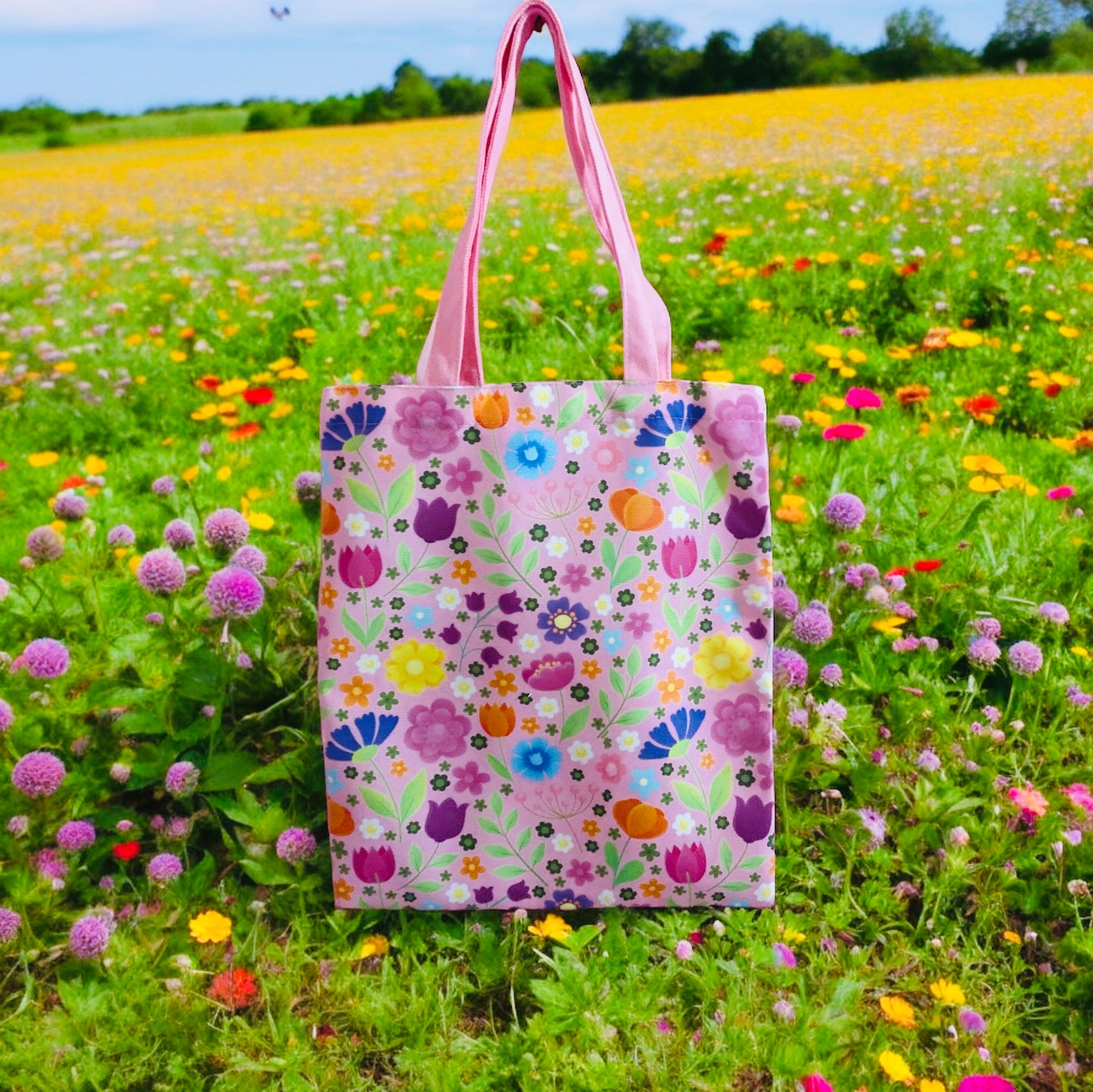 pink rainbow floral flowers print colourful tote, reusable bag, grocery bag, canvas bag, floral bag, tote bag, bookish bag,