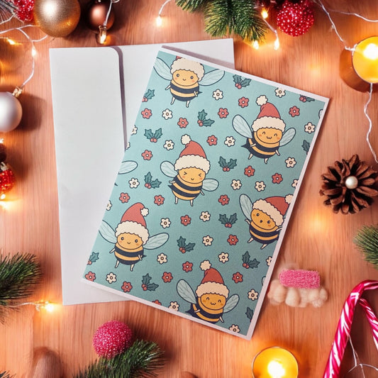 It’s a Bumble bee Christmas with with mistletoes & flowers Christmas card, blank greeting card