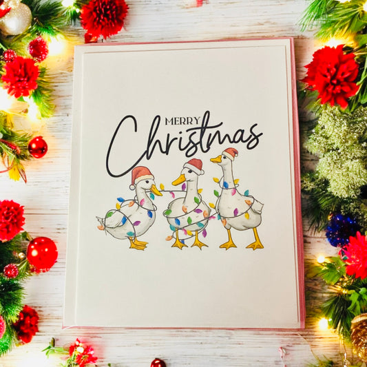 Winter Goose Christmas Greeting card, Christmas lights, Merry Christmas blank card