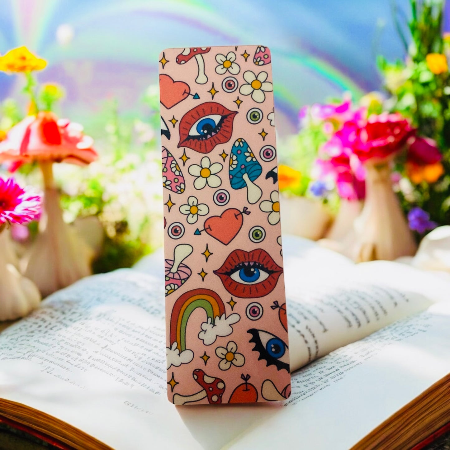 Rainbow Retro & psychedelic bookmark, peace, mushrooms, 80s era, 99s era, butterflies, bookish