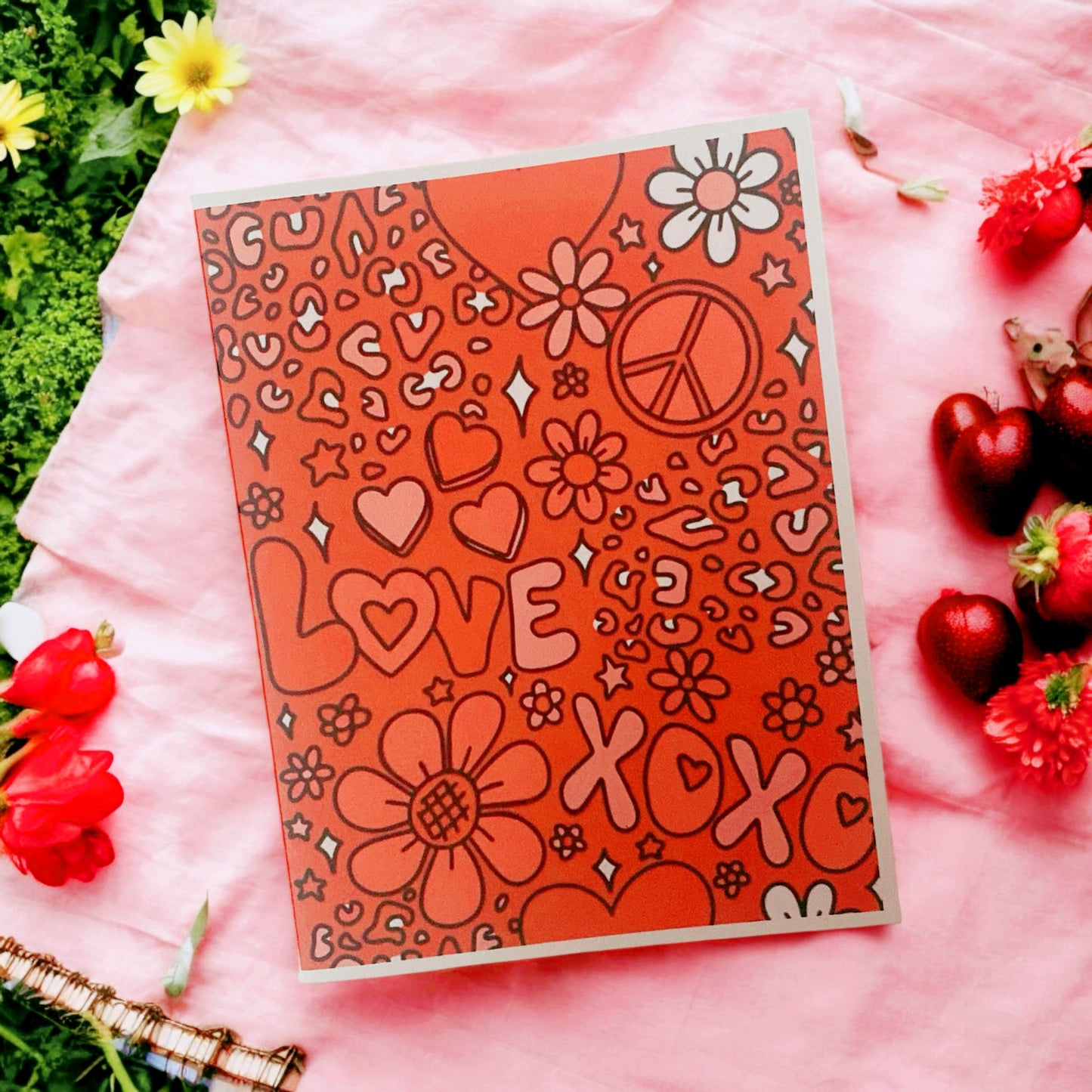 Red Florals Blank Card, perfect for valentines, gift for mom, sister, best friend & aunt, girlfriend, kids, birthday card, thinking of you cards, love, hearts, xoxo,retro, peace, flower cards