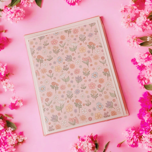 Cottage core florals Inspired blank greeting card, pink