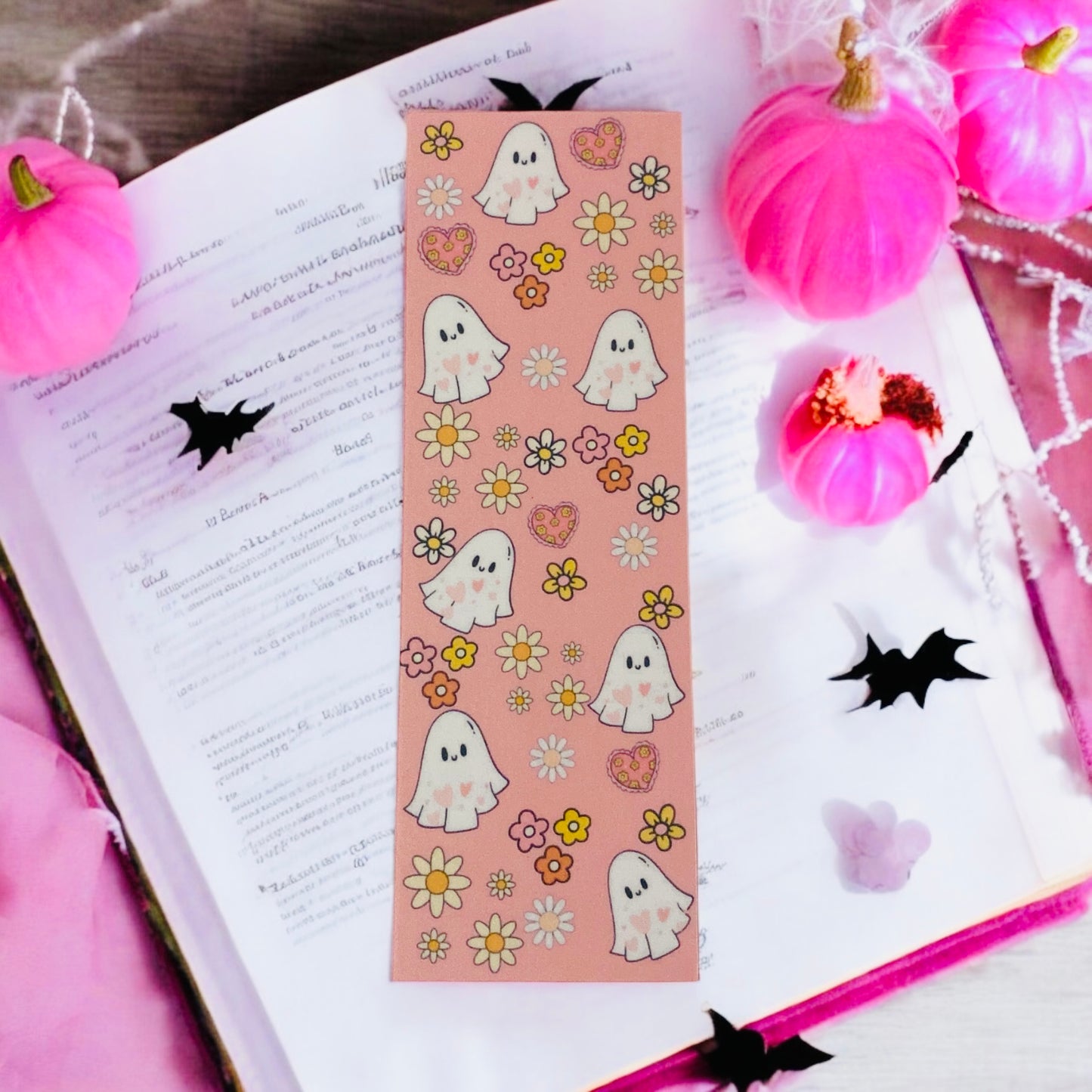 Cute pink ghost pink Halloween Bookmark, Boo, spooky bookmark, floral, flowers