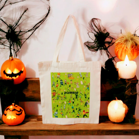 Zombie Tote Bag, retro colourful tote, reusable bag, grocery bag, canvas bag, spooky, Halloween, green