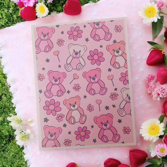 Cute Pink Teddy Bears Florals Blank Card, perfect for valentines, gift for mom, sister, best friend & aunt, girlfriend, wife, kids, birthday card, thinking of you cards